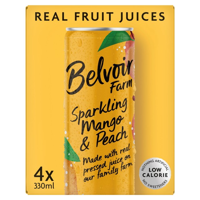 Belvoir Farm Mango Peach sparkling drink 4 x 330ml cans - British product