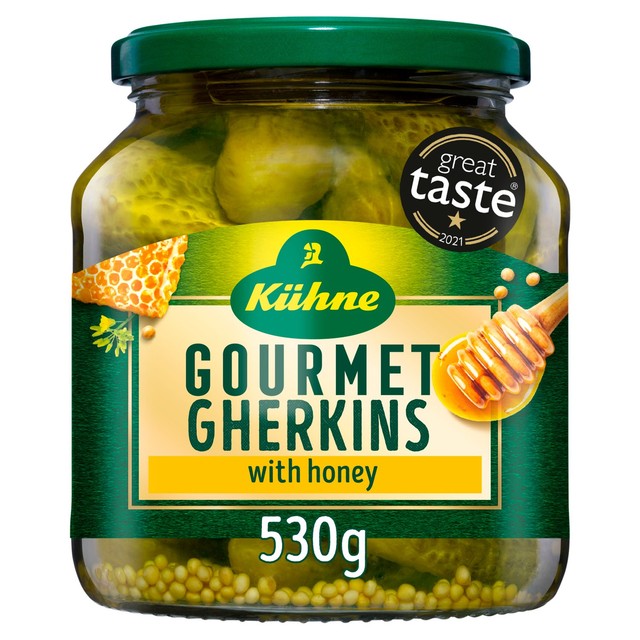 Kuhne gourmet gherkins with honey jar, UK version