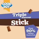 Good Boy triple flavour dog treat stick, imported from the UK