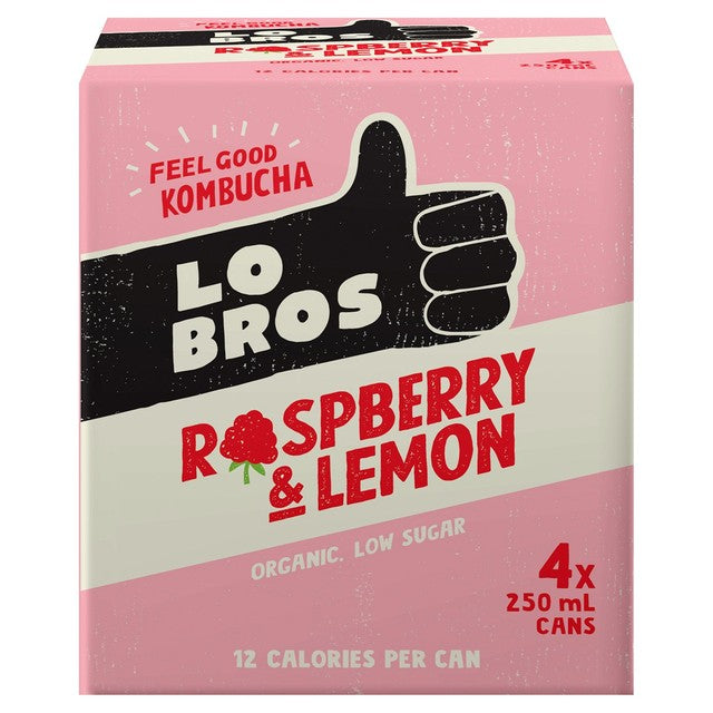 Lo Bros raspberry & lemon kombucha drink multipack 4x250ml, UK version