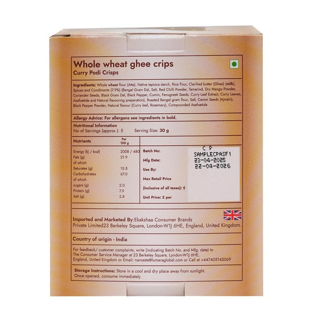 Lumara Wholewheat Ghee Crisps Curry Leaf Podi 150g, UK version