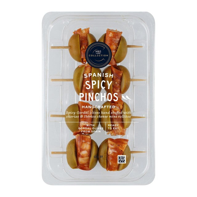 M&S Spanish Spicy Pinchos stuffed olives 124g, imported from the UK
