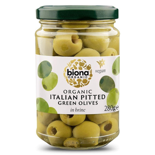 Biona organic pitted green olives in brine 280g - British product