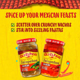 Old El Paso sliced red jalapeno peppers in a jar, imported from the UK