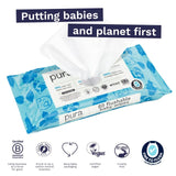 Pura plastic free flushable baby wipes 12 x 60 packs, imported from the UK