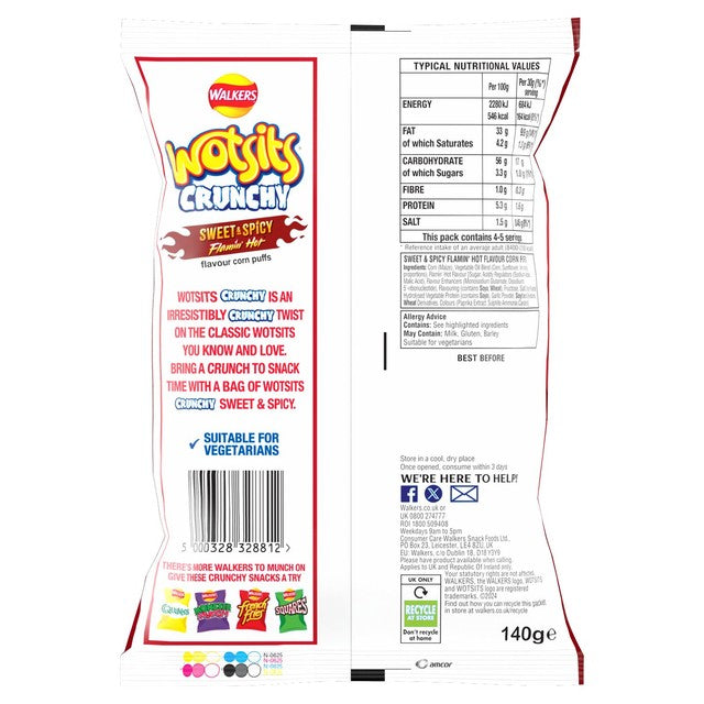 Walkers Wotsits Crunchy Sweet & Spicy Crisps 140g (British brand)