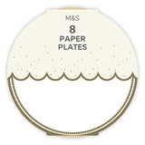 M&S white paper plates with gold trim, 23cm diameter, imported from the UK