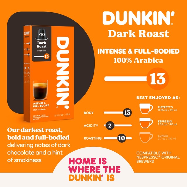Dunkin Dark Roast Nespresso compatible coffee pods, imported from the UK