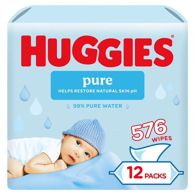 Huggies Pure Plastic Free baby wipes 12 pack, UK version