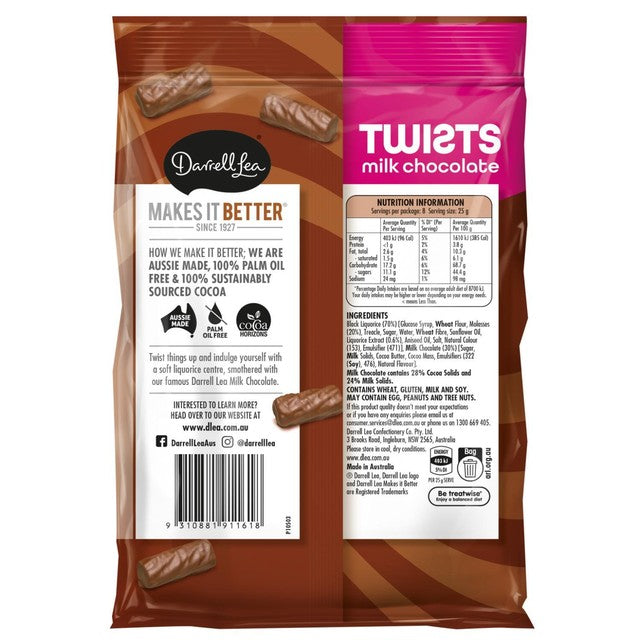 Darrell Lea milk chocolate liquorice twists 200g - British product