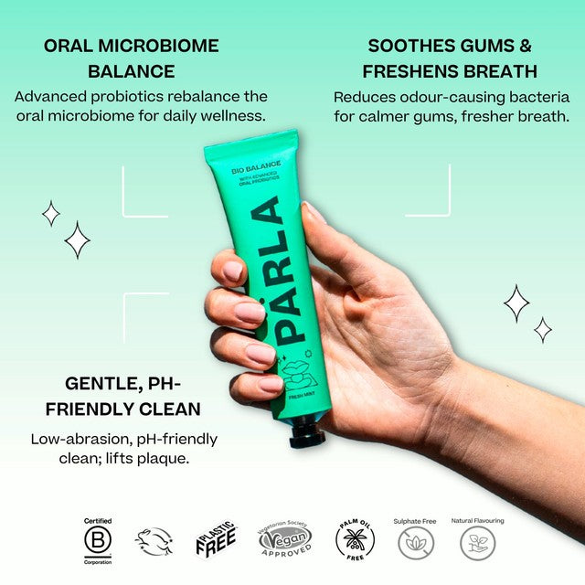 Parla Bio Balance plastic-free probiotic toothpaste, imported from the UK