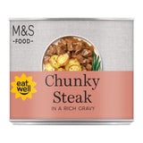 M&S chunky steak pieces in gravy 206g, imported from the UK