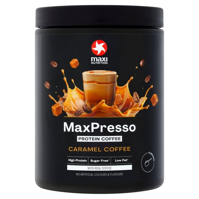 MaxiNutrition MaxPresso Caramel coffee protein powder, imported from the UK