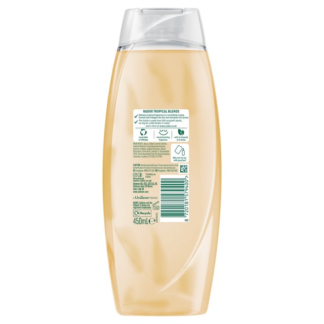 Radox Feel Restored Tropical Blends shower gel, imported from the UK