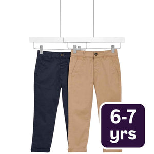 M&S Boys Cotton Rich Chinos Stone/Navy Trousers 2pk 6-7 Years
