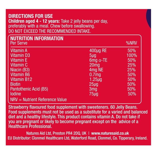 Natures Aid Multivitamin Jelly Beans Strawberry Flavour 60 Pack, imported from the UK