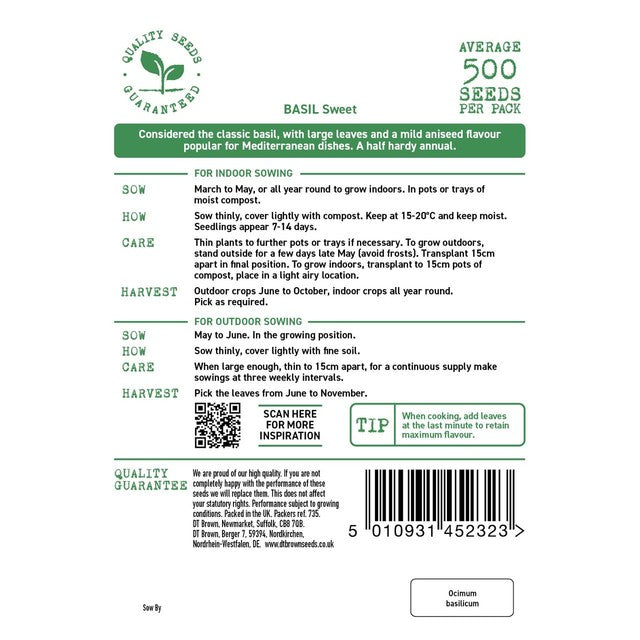 Mr Fothergills Seeds D.T. Brown Basil Sweet seeds 500 seeds, imported from the UK
