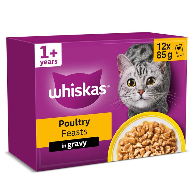 Whiskas poultry feasts wet cat food pouches in gravy 12x85g (British brand)