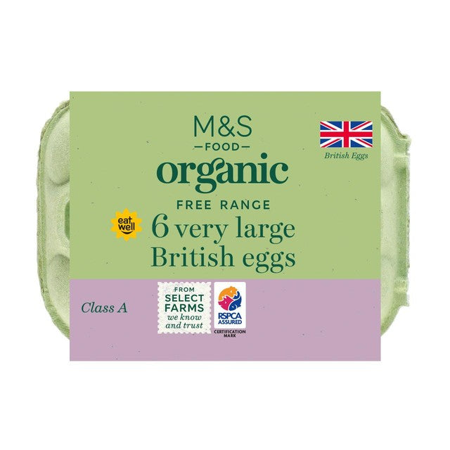 M&S organic free range very large eggs 6 per pack, imported from the UK