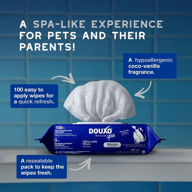 Douxo Spa pet wipes for sensitive skin 100 count, imported from the UK