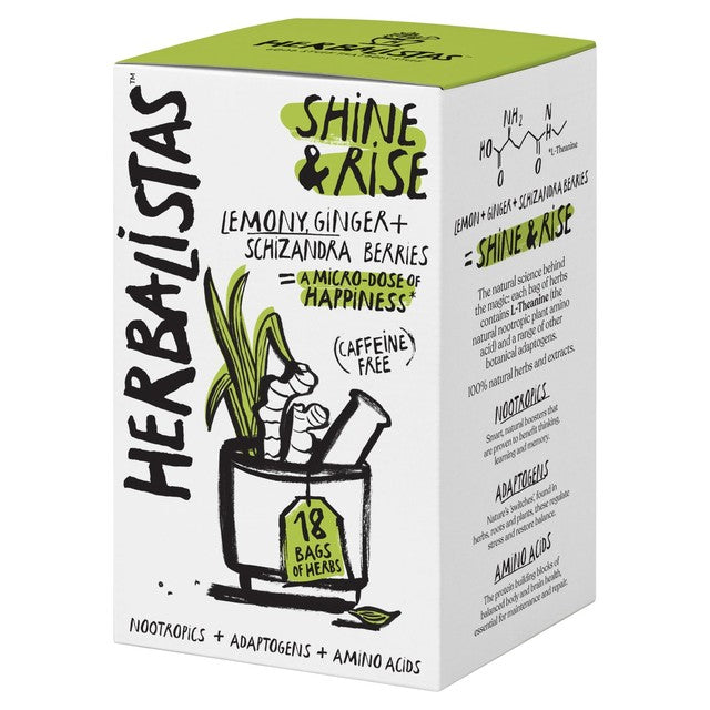 Herbalistas Shine Rise herbal tea with lemongrass, ginger, and schizandra, UK version