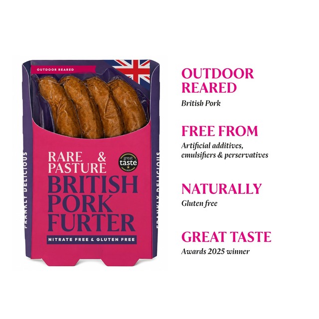 Rare & Pasture nitrate free pork hot dogs, imported from the UK