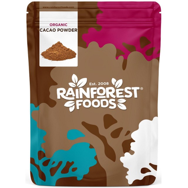 Rainforest Foods organic cacao powder 250g, imported from the UK