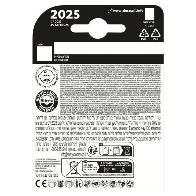 Duracell 2025 Lithium Coin Battery 4 pack - British product