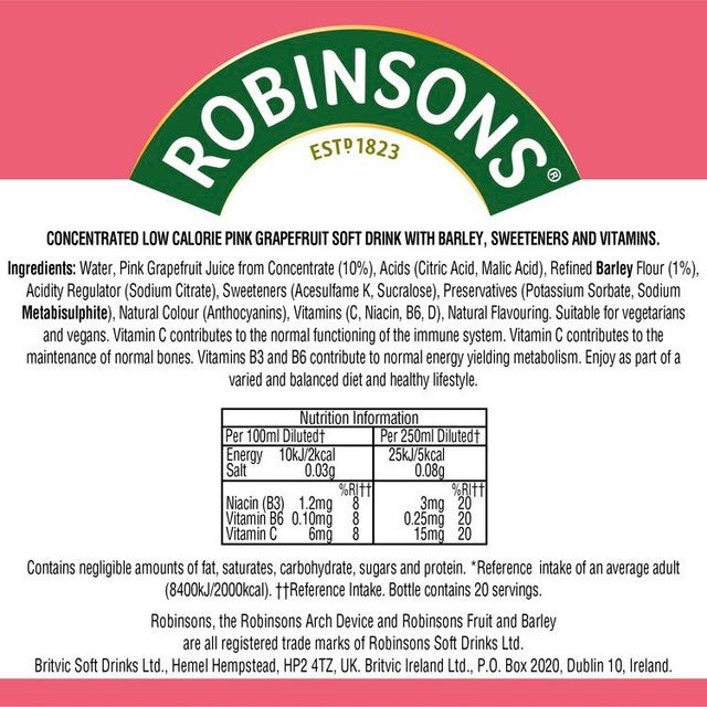 Robinsons Pink Grapefruit Squash 1L, imported from the UK