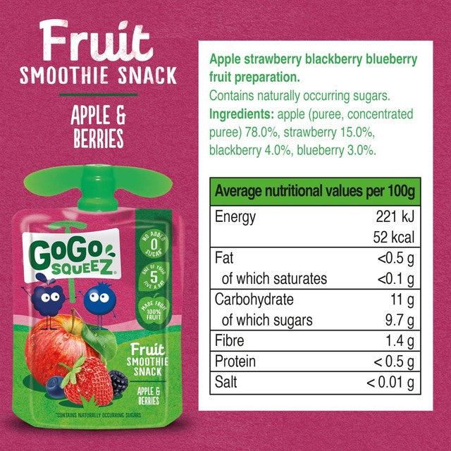 GoGo squeeZ fruit smoothie snack apple berries 90g pouches - British product