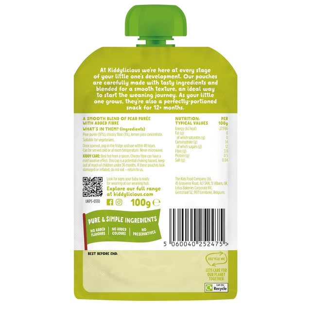 Kiddylicious smooth pear baby food pouch 100g, UK version