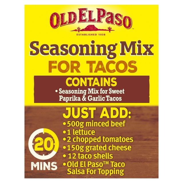 Old El Paso Garlic & Paprika Taco Seasoning Mix 25g, imported from the UK
