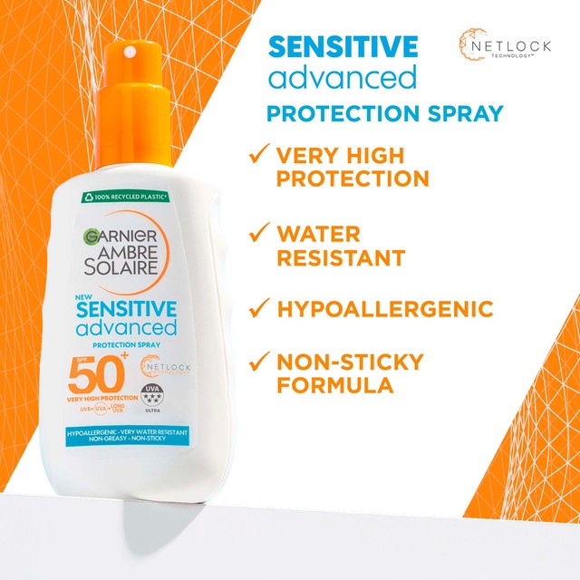 Garnier Ambre Solaire SPF50+ sensitive sun cream spray - British product