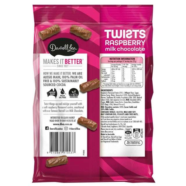 Darrell Lea raspberry liquorice twists chocolate coated 200g - British product