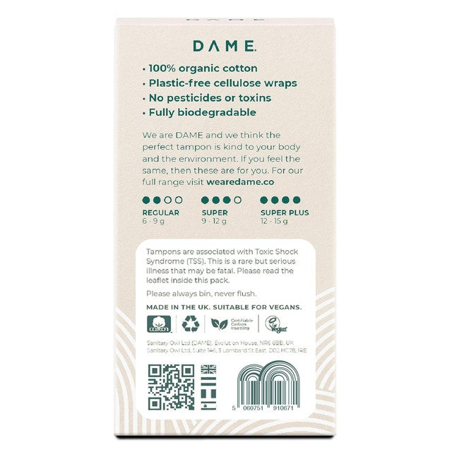 Dame Organic Cotton Tampons Super 16 pack - British product