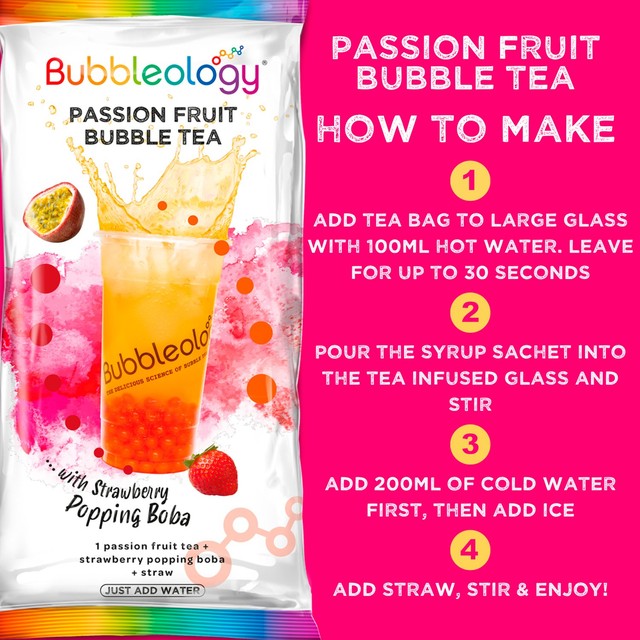 Bubbleology Passion Fruit Bubble Tea Kit with Strawberry Popping Boba 135g - British product