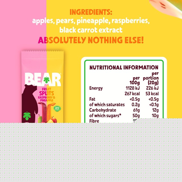 Bear raspberry and pineapple fruit splits snack pack - British product