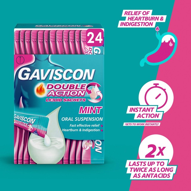 Gaviscon peppermint liquid sachets for heartburn and indigestion 24 x 10ml, UK version