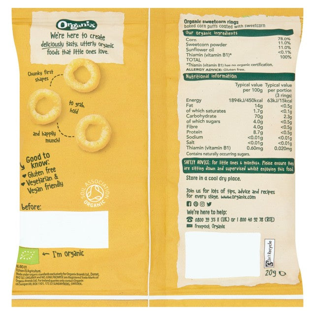 Organix Sweetcorn Rings Baby Puffs 20g, imported from the UK