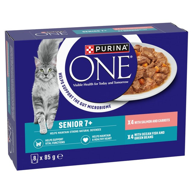 Purina One senior cat food mini fillets with salmon and ocean fish 8x85g pouches, imported from the UK