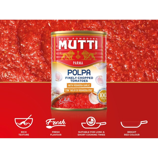 Mutti chopped tomatoes with garlic 400g, imported from the UK