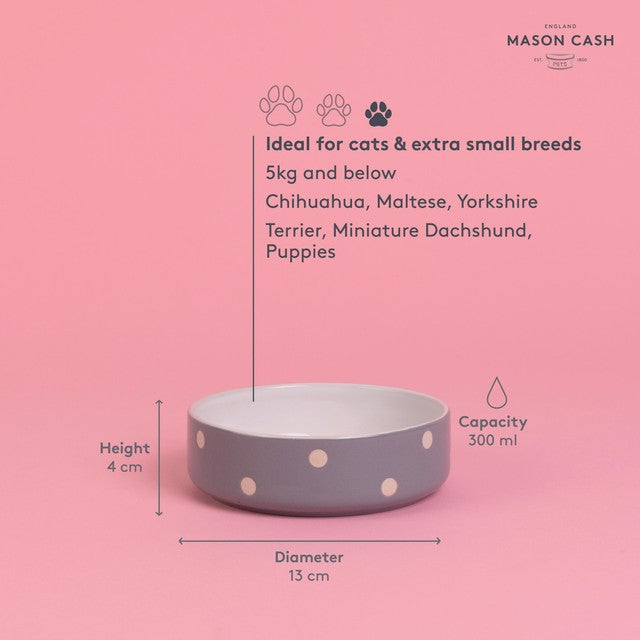 Mason Cash Polka Dot Grey pet bowl 13cm, imported from the UK