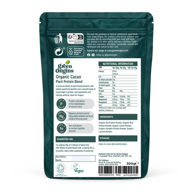 Green Origins cacao plant protein powder 300g, UK version
