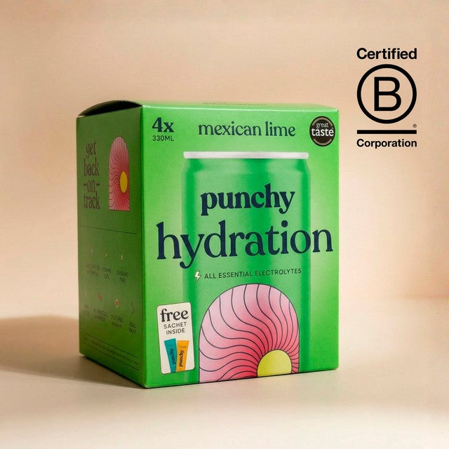 Punchy Mexican Lime sparkling hydration drink 4 x 330ml, imported from the UK