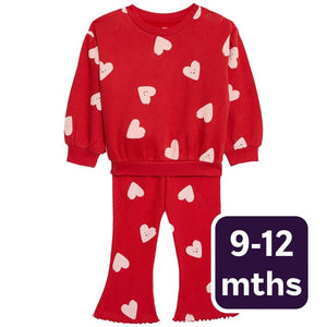 M&S Heart Sweat Outfit Red Baby Two-Piece Set 9-12 Months