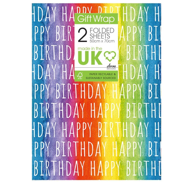 Deva Designs rainbow birthday gift wrap sheets 2 sheets, imported from the UK