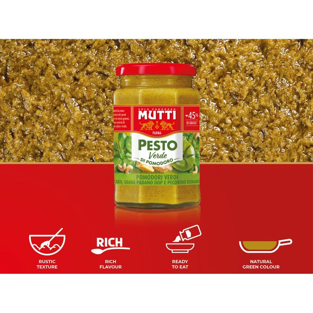 Mutti Basil Green Tomato & Parmesan Green Pesto Pasta Sauce 180g, imported from the UK