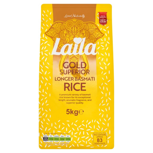 Laila Gold Long Grain Basmati Rice bag, UK version