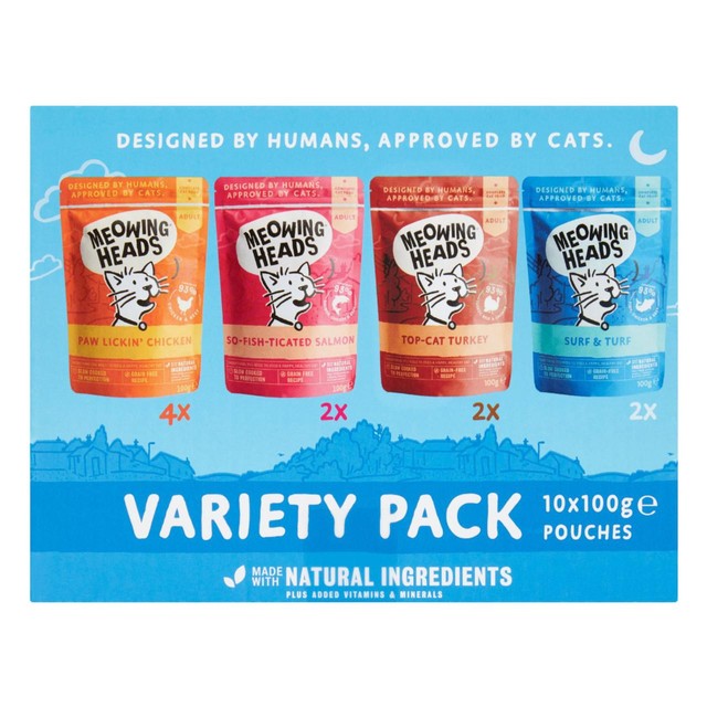 Meowing Heads wet cat food variety pack 10 x 100g, imported from the UK