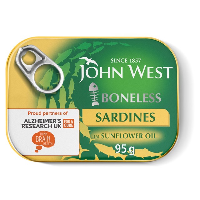 John West boneless sardines in sunflower oil 67g, imported from the UK